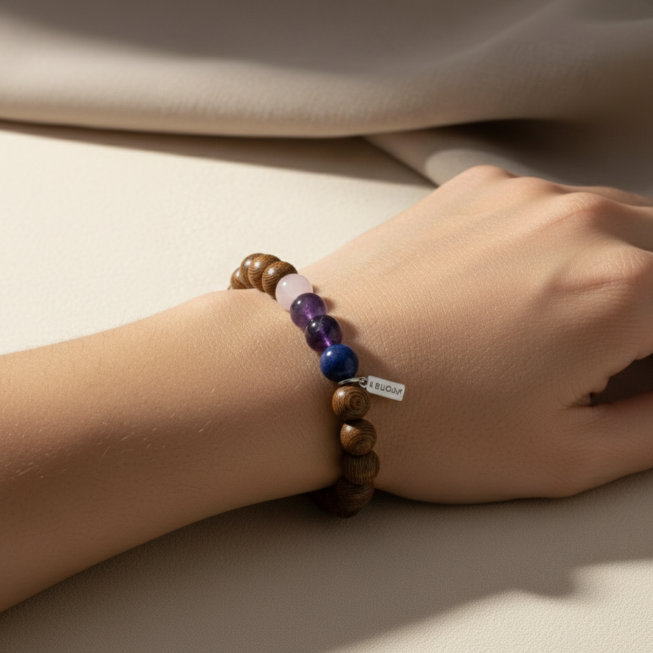 Bracciale in quarzo rosa + lapislazzuli + ametista + legno