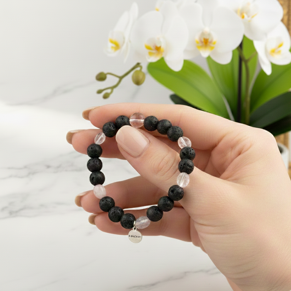 Bracciale in quarzo rosa brasiliano e lava