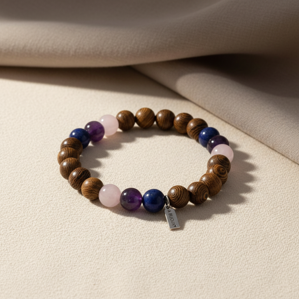 Bracciale in quarzo rosa + lapislazzuli + ametista + legno